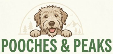 Logo that says Pooches & Peaks with a cartoon dog above it